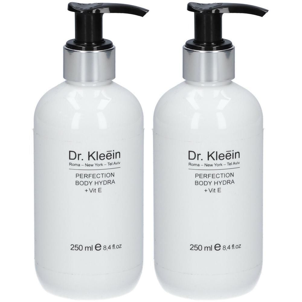 Due flaconi bianchi con pompa Dr. Kleein PERFECTION BODY HYDRA + Vit E, 250 ml.