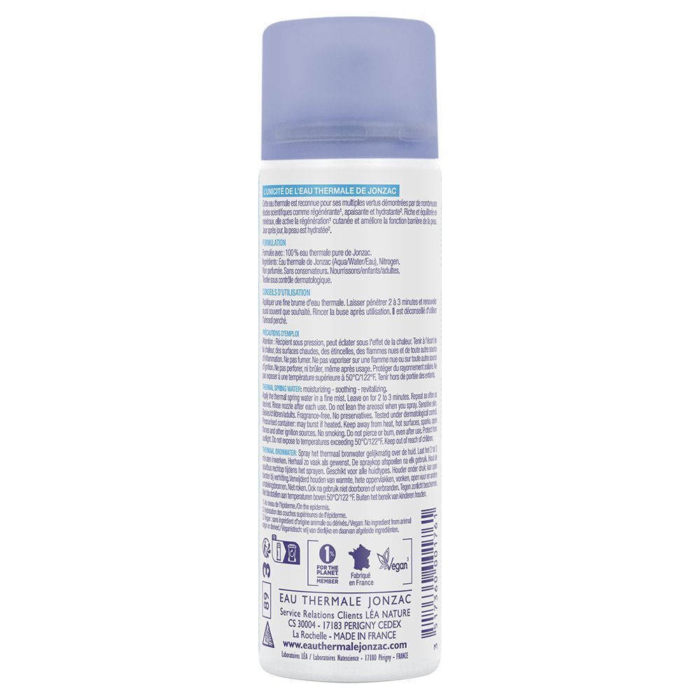 Retro di un flacone di Eau Thermale Jonzac Thermal Spring Water con informazioni sul prodotto e certificazioni.