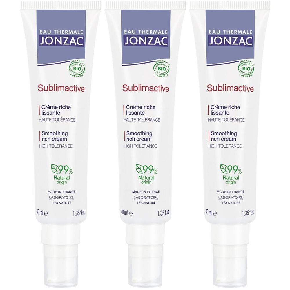 Tre tubi di Eau Thermale Jonzac Sublimactive Crema ricca levigante anti-età, 40ml.