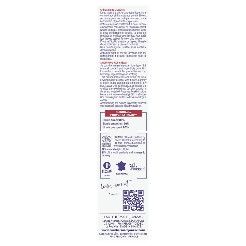 Retro della confezione Eau Thermale Jonzac Sublimactive Crema con sigilli Bio e Vegan.