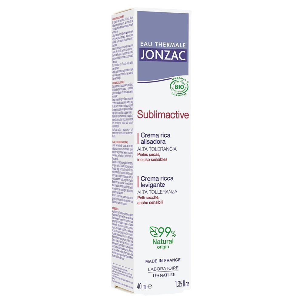 Confezione Eau Thermale Jonzac Sublimactive Crema Ricca Levigante, 40ml, con sigillo Bio.