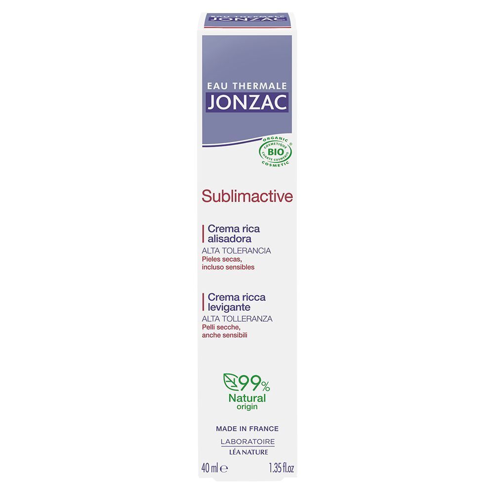 Confezione Eau Thermale Jonzac Sublimactive Crema Ricca Levigante, 40ml, con sigillo Bio.