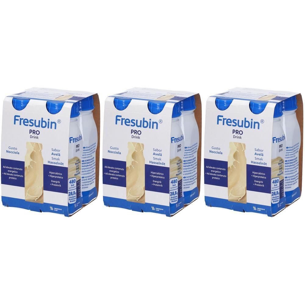 Tre confezioni di Fresubin Pro Drink Nocciola. Ogni confezione contiene quattro bottiglie di bevanda nutrizionale.