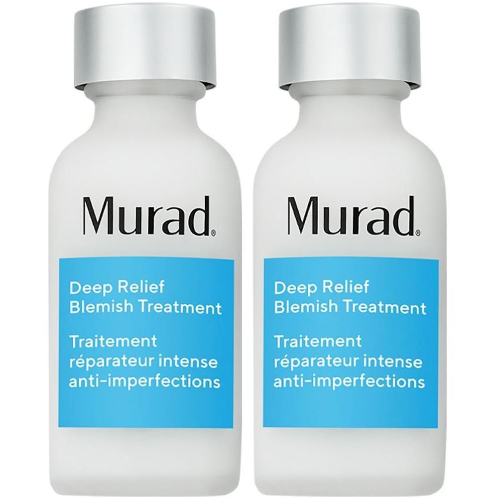 Due flaconi di Murad Deep Relief Blemish Treatment, bianchi con etichetta blu.