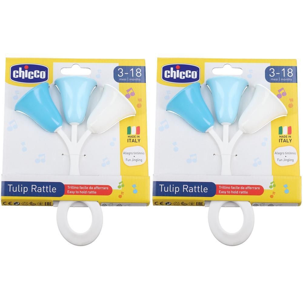 Due sonagli a tulipano Chicco in confezione, blu e bianchi.