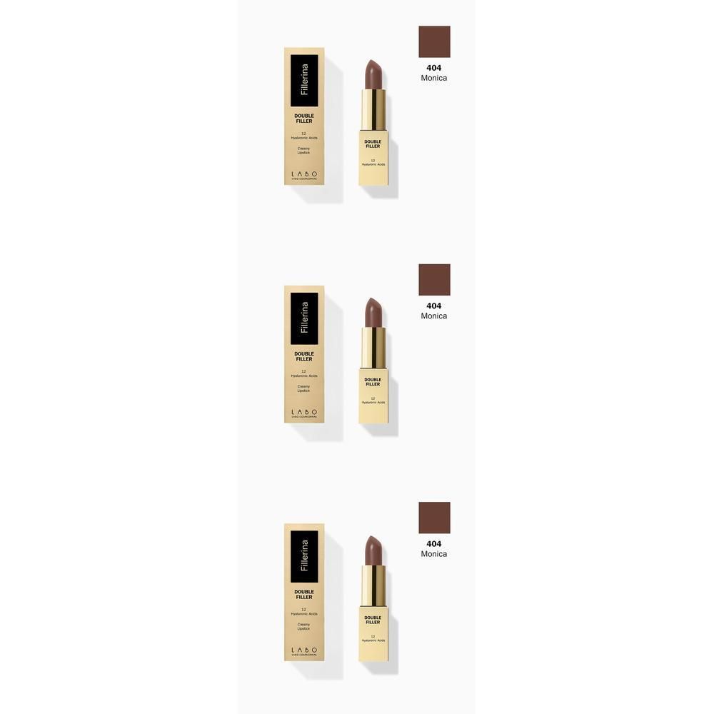 Rossetto dorato color marrone, modello 404 Monica, nella sua confezione.