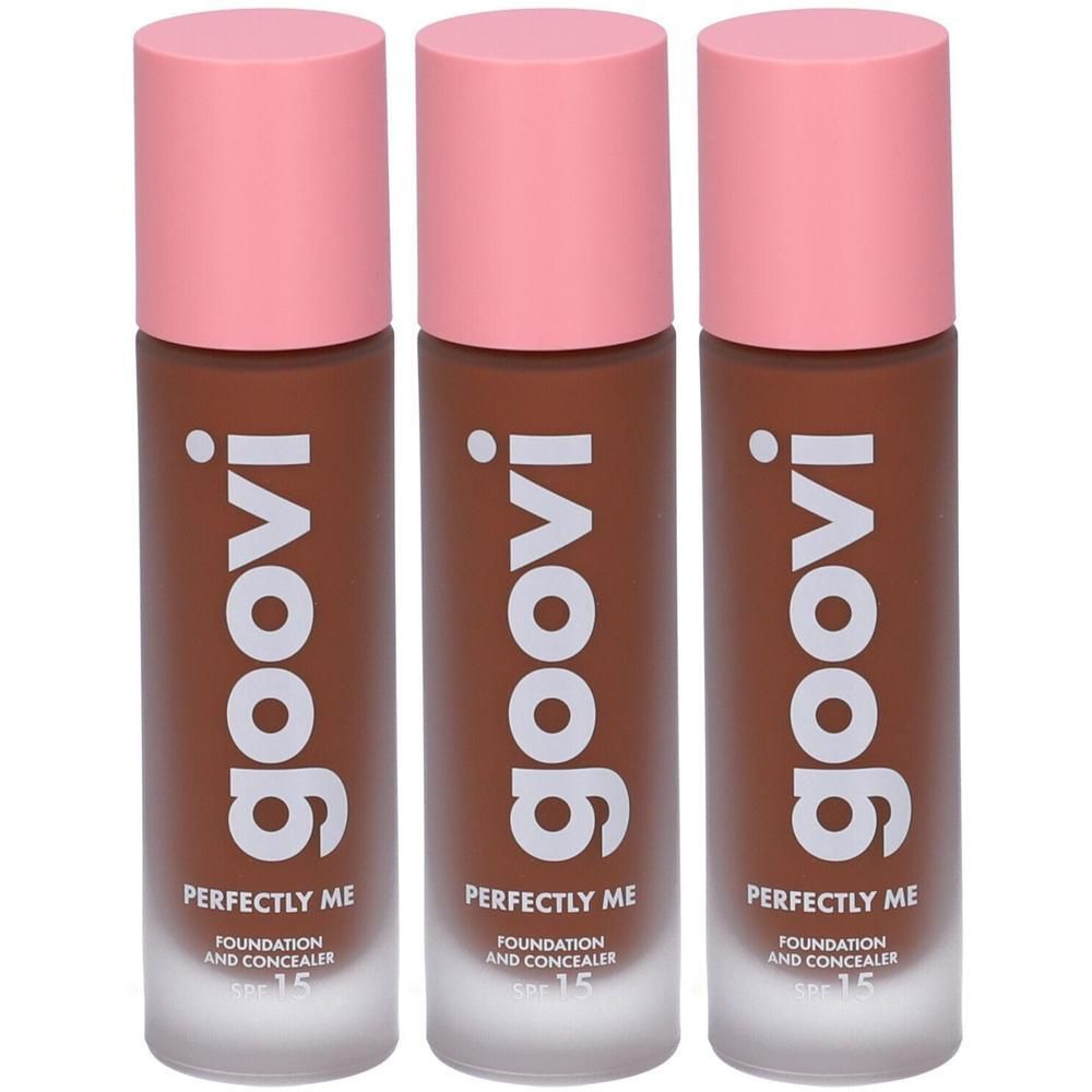 Tre flaconi in vetro marrone con tappi rosa, che mostrano 'goovi PERFECTLY ME FOUNDATION AND CONCEALER SPF 15'.