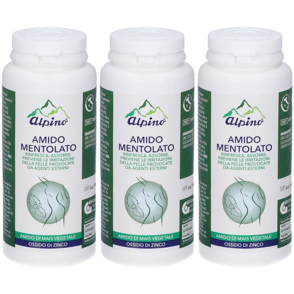 Tre contenitori di Alpino Amido Mentolato con etichette raffiguranti montagne e pelle stilizzata.