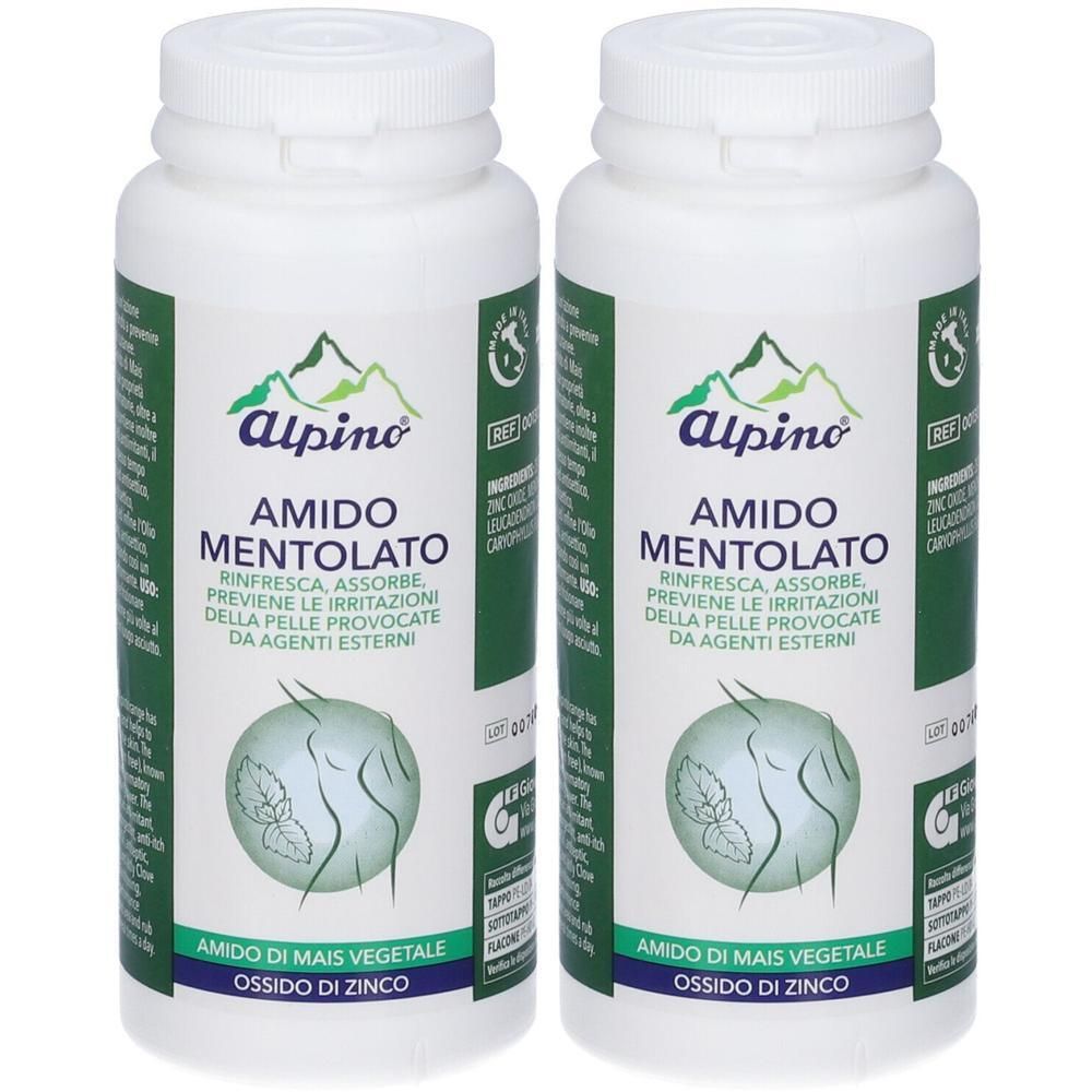 Due contenitori bianchi di Amido Mentolato Alpino. Contiene ossido di zinco.