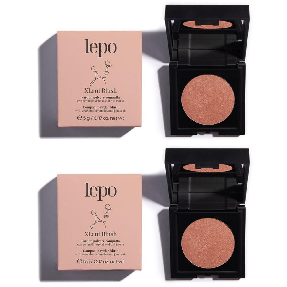 Due blush compatti Lepo XLent Blush color pesca, ciascuno nel proprio astuccio nero aperto con specchio.