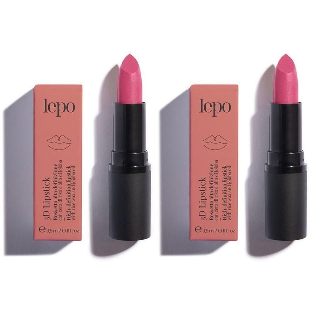 Due rossetti Lepo 3D rosa con tubetti neri e confezioni rosa.