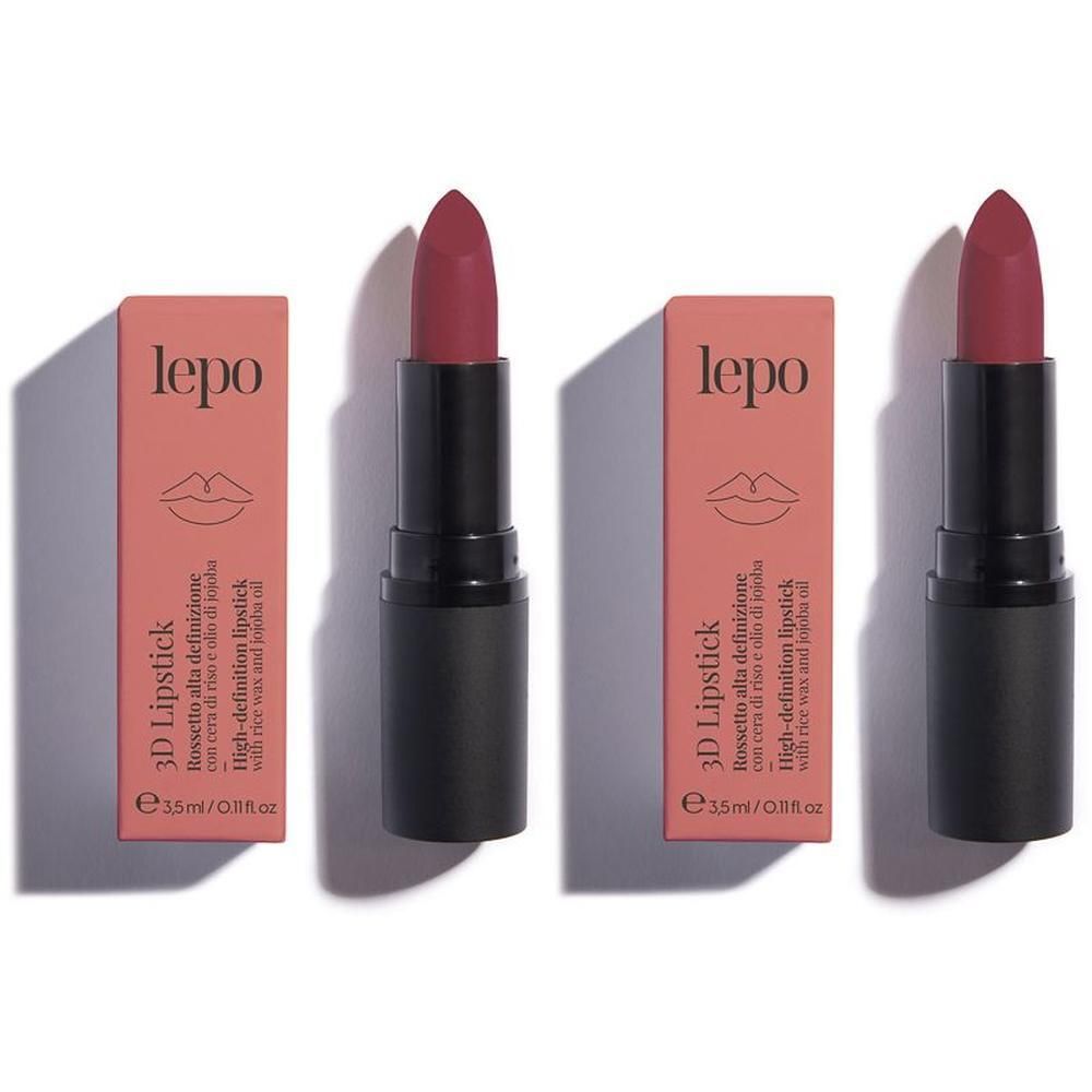 Due rossetti in astuccio scuro con scatole rosa che indicano 'lepo 3D Lipstick'.