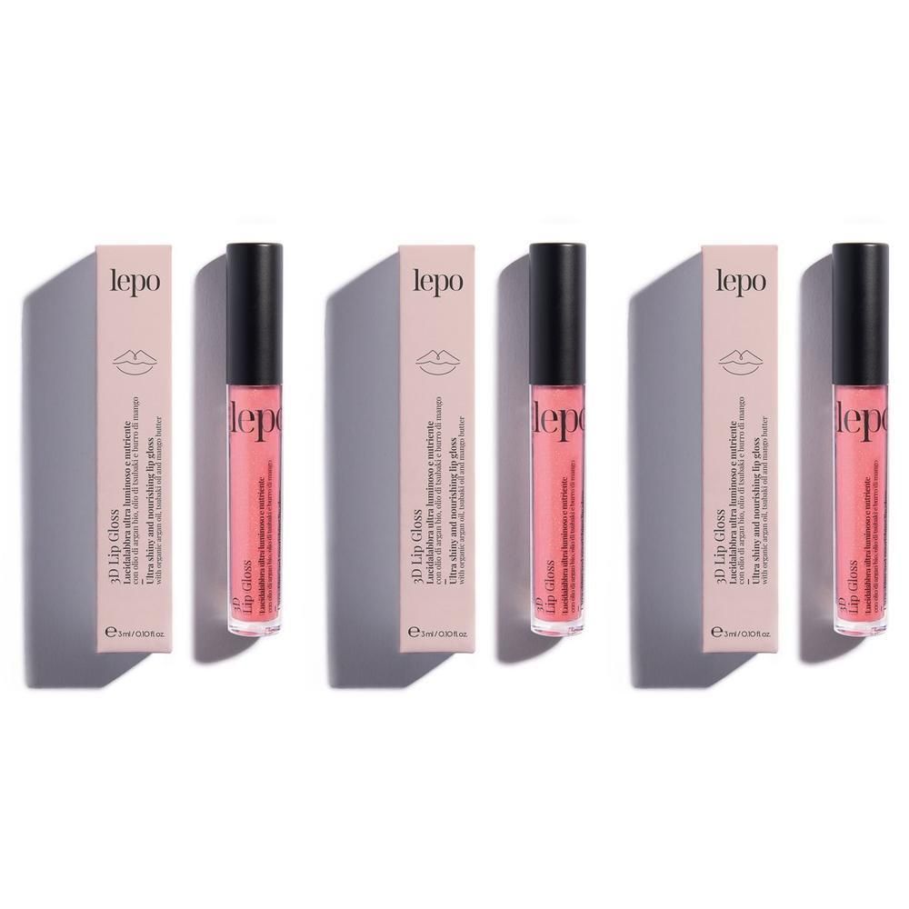 Tre flaconi di Lepo 3D Lip Gloss rosa con tappi neri, ciascuno nella sua confezione.