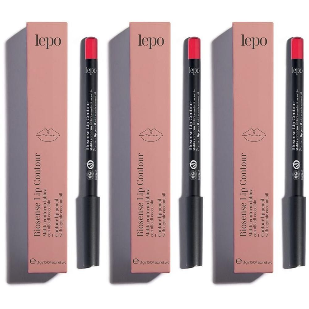 Tre matite contorno labbra Lepo Biosense in confezione rosa. Matite nere con punta rossa.