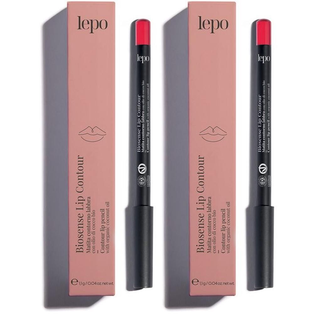 Due matite labbra Lepo Biosense rosse, confezionate in scatole rosa con simbolo di labbra.