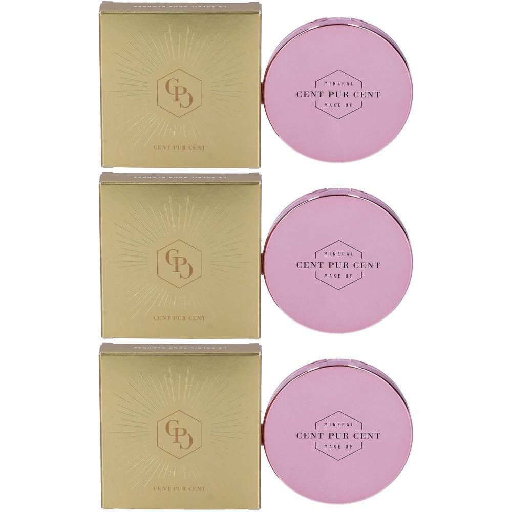 Tre scatole dorate e tre ciprie compatte rosa con scritta "CENT PUR CENT MAKE UP".