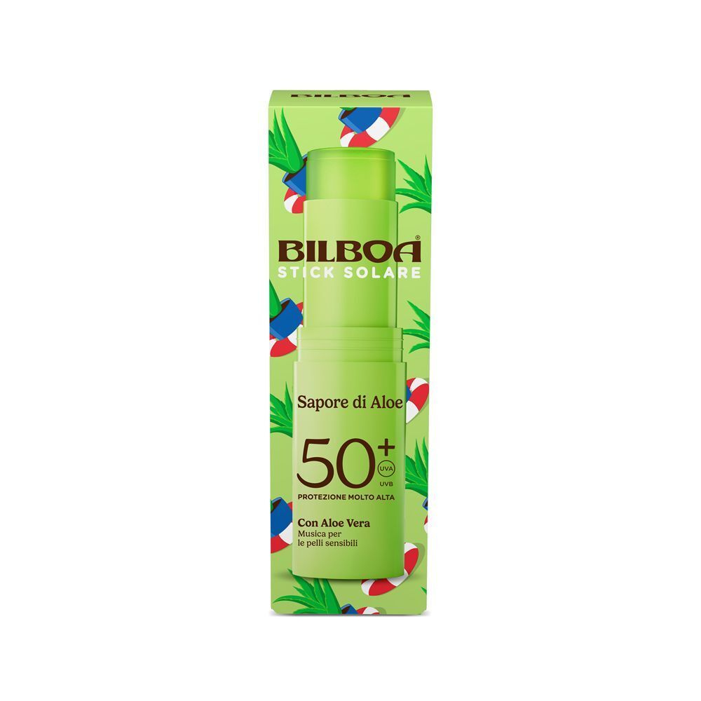 Stick solare verde SPF 50+ in confezione colorata con motivo Aloe Vera.