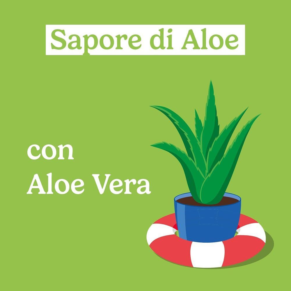 Grafica con pianta di Aloe Vera in un salvagente, testo 'Sapore di Aloe con Aloe Vera'.