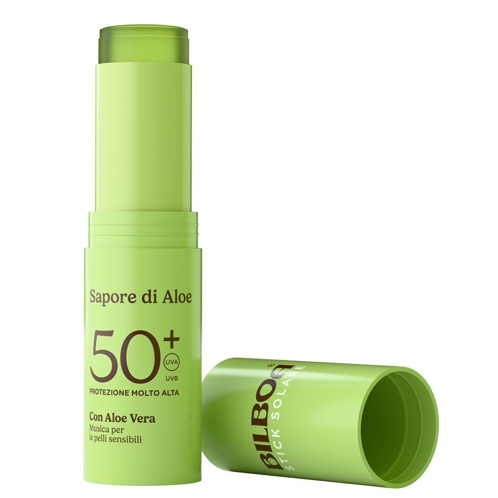 Uno stick solare Bilboa SPF 50+ con Aloe Vera, aperto, con tappo rimosso.
