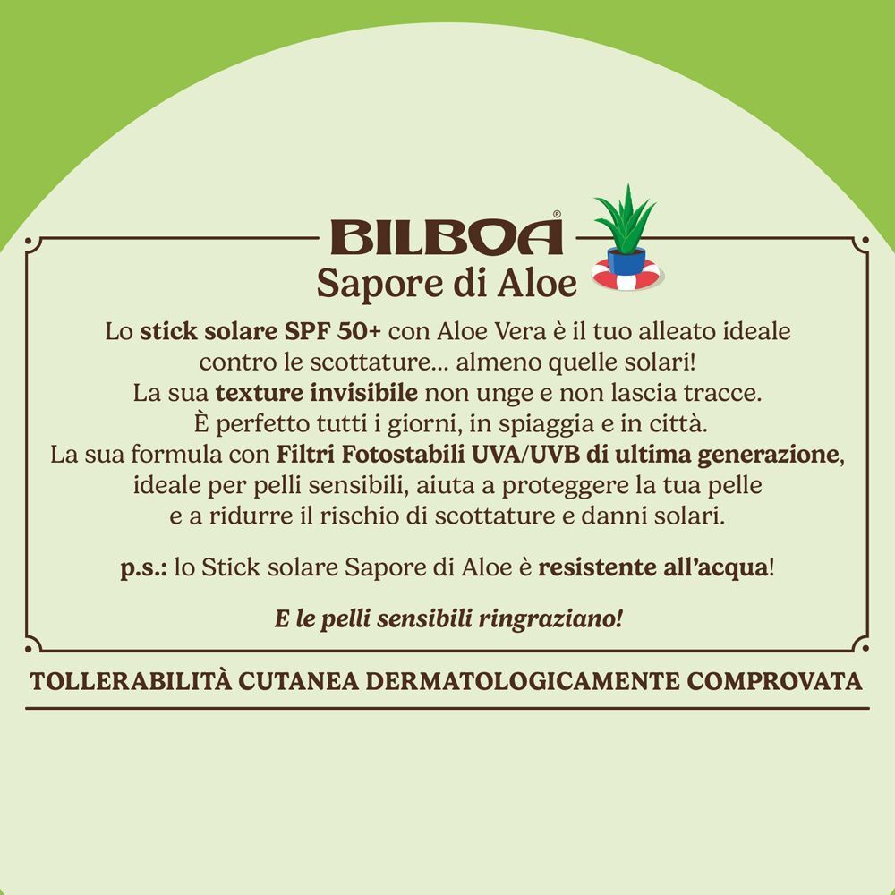 Vista dettagliata delle informazioni prodotto sulla confezione dello stick solare Bilboa SPF 50+.