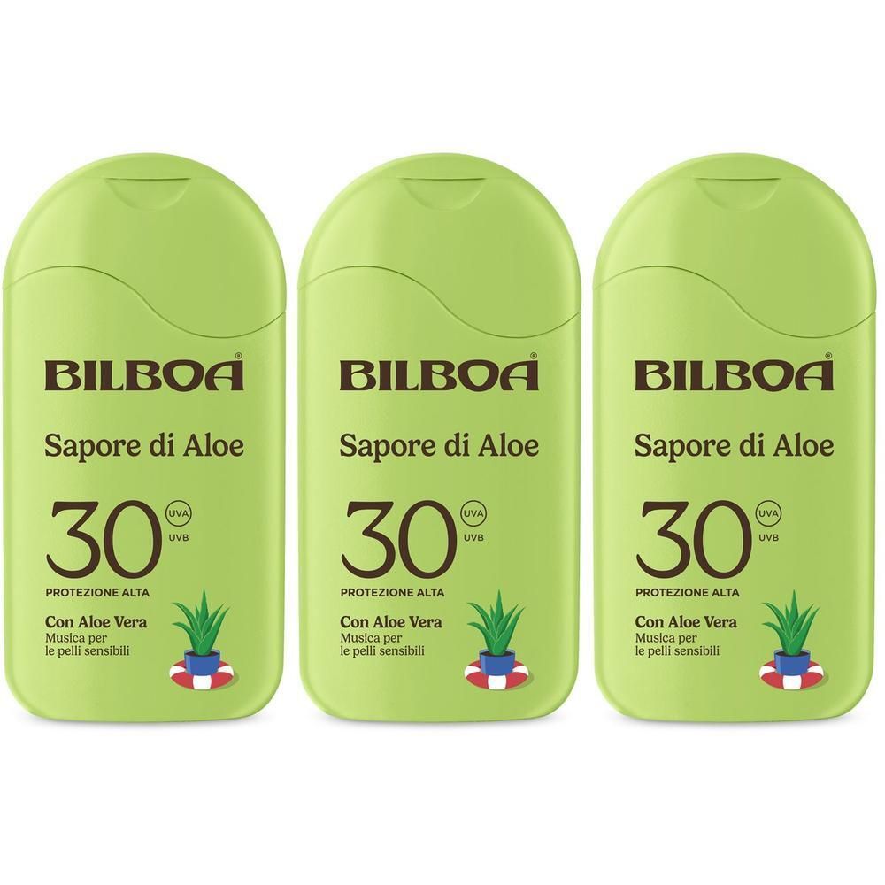 Tre flaconi verdi Bilboa Sapore di Aloe Latte Solare SPF 30 con aloe vera.