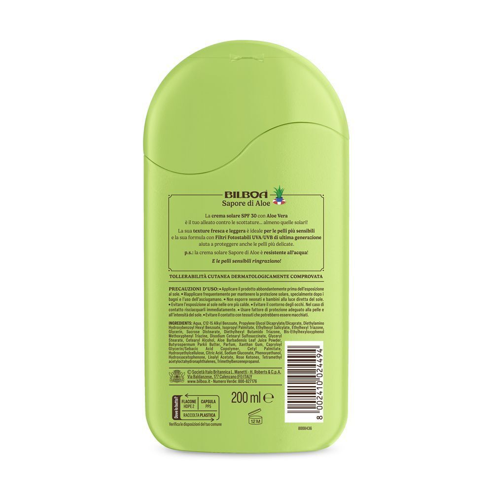 Retro di un flacone Bilboa Sapore di Aloe Latte Solare SPF 30 con ingredienti e indicazione 200ml.