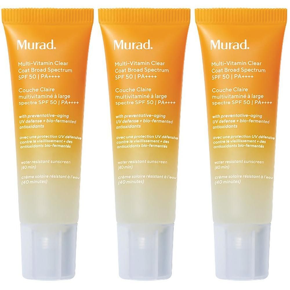 Tre tubi di crema solare Murad Multi-Vitamin Clear Coat SPF 50 PA++++.