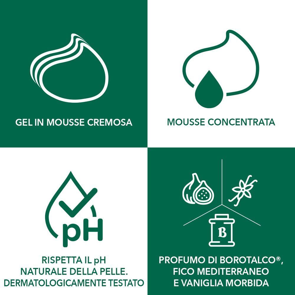 Borotalco® - Abbraccio Profumo di Fico Mediterraneo: gel in mousse cremosa extra avvolgente e vellutante