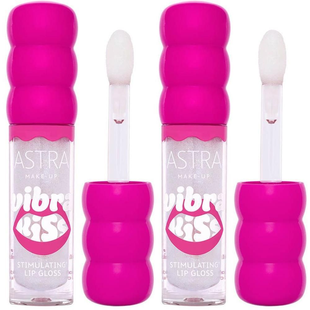 Due flaconi di gloss labbra Astra Make Up 'Vibra Kiss' con applicatore. Texture trasparente con glitter.