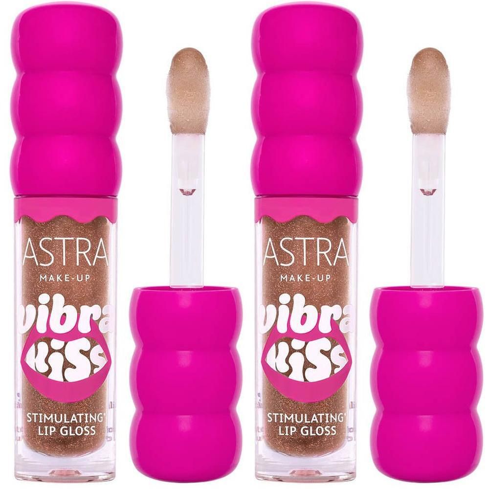 Due flaconi di lucidalabbra Astra Make-Up "Vibra Kiss" con texture marrone scintillante e tappi rosa a coste.