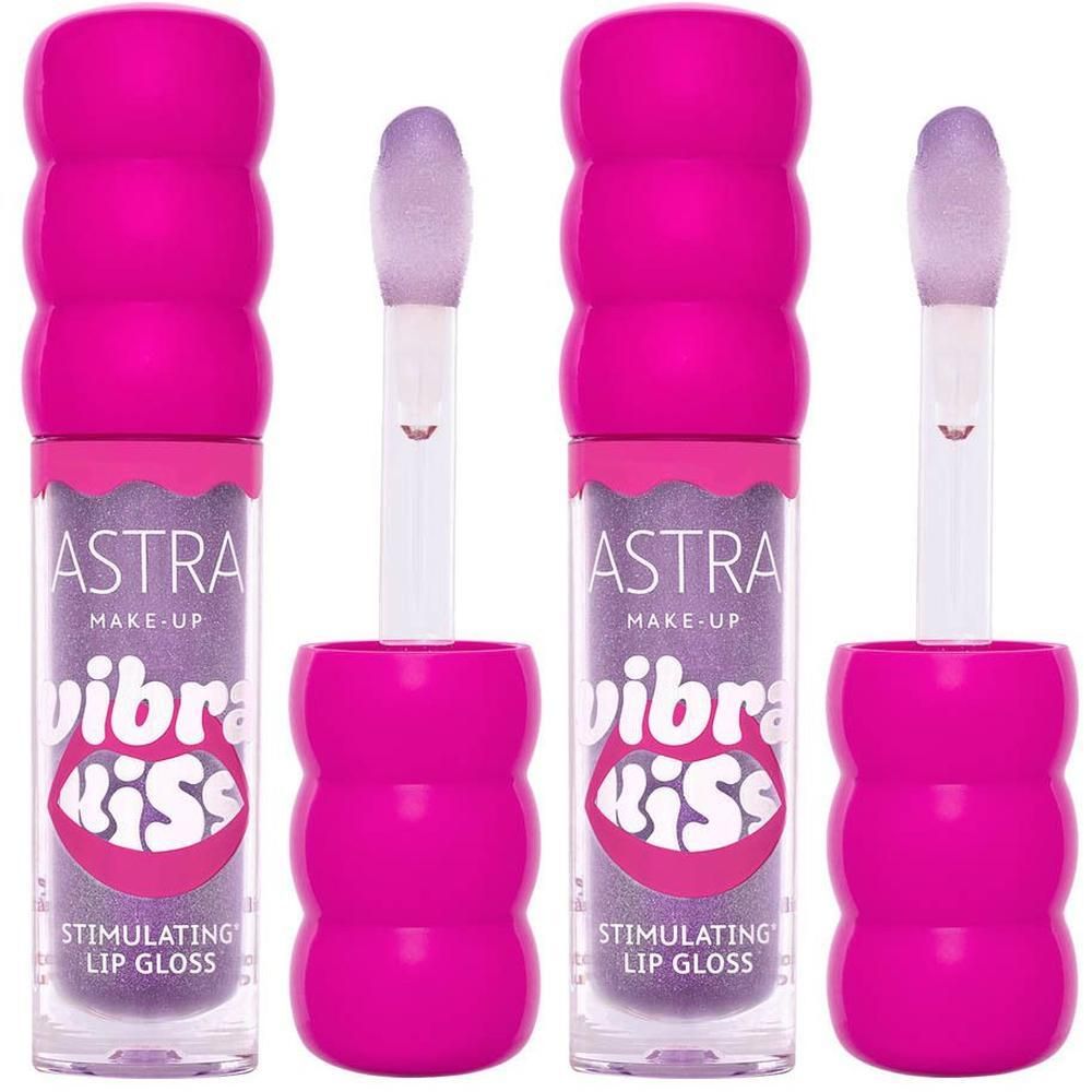 Due flaconi di Astra Make-Up 'Vibra Kiss' Stimulating Lip Gloss con tappi e applicatori rosa a coste. Contenuto glitterato viola.