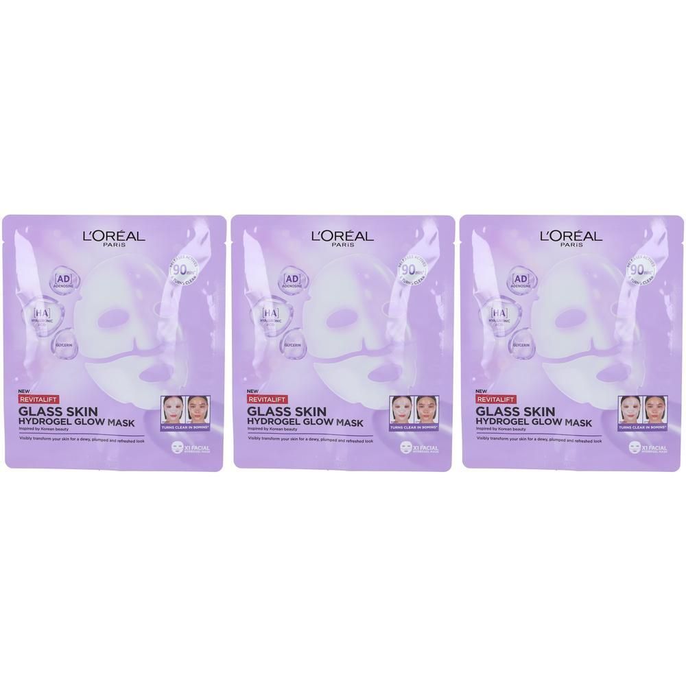 Tre maschere L'Oréal Revitalift Glass Skin Hydrogel Glow in confezione viola.