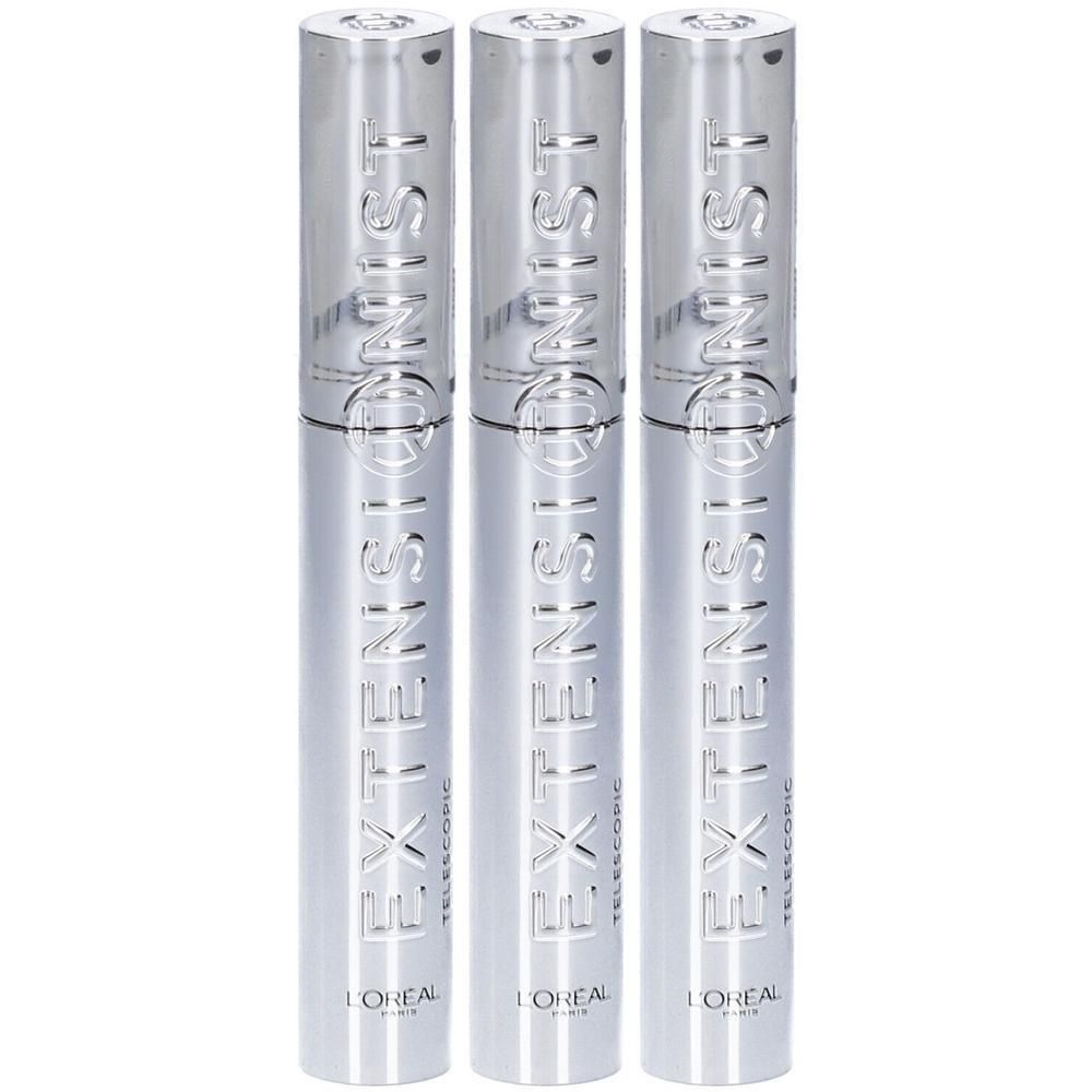 Tre tubetti di mascara argentati con la scritta EXTENSIST e L'OREAL.