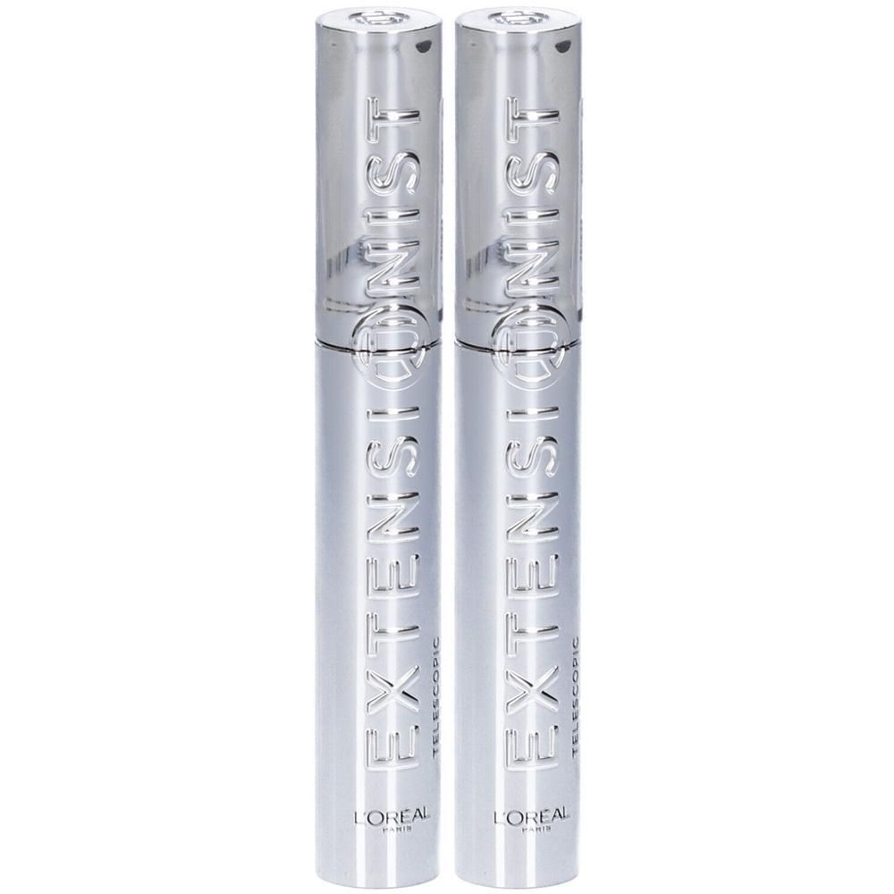 Due tubetti di mascara argentati con la scritta "L'ORÉAL EXTENSIONIST TELESCOPIC".