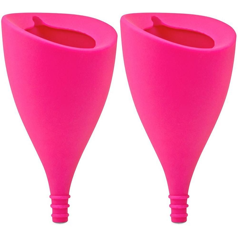 Due coppette mestruali rosa con stelo.