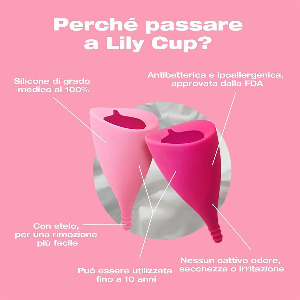 Due coppette mestruali rosa con didascalie in italiano.