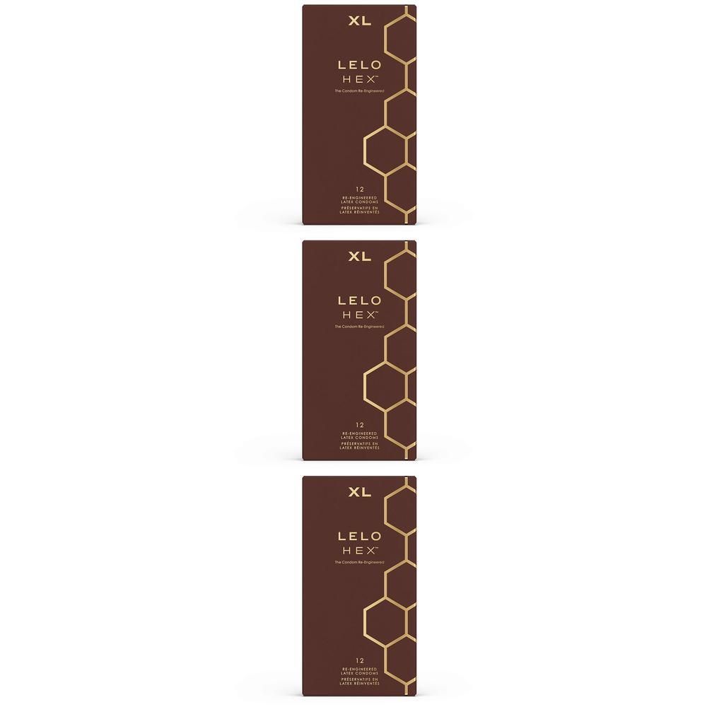Tre confezioni di preservativi Lelo HEX XL con motivo a nido d'ape.