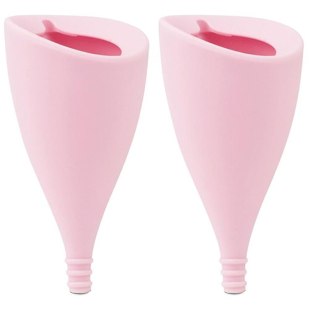 Due coppette mestruali rosa in silicone medicale, forma conica con stelo a coste.