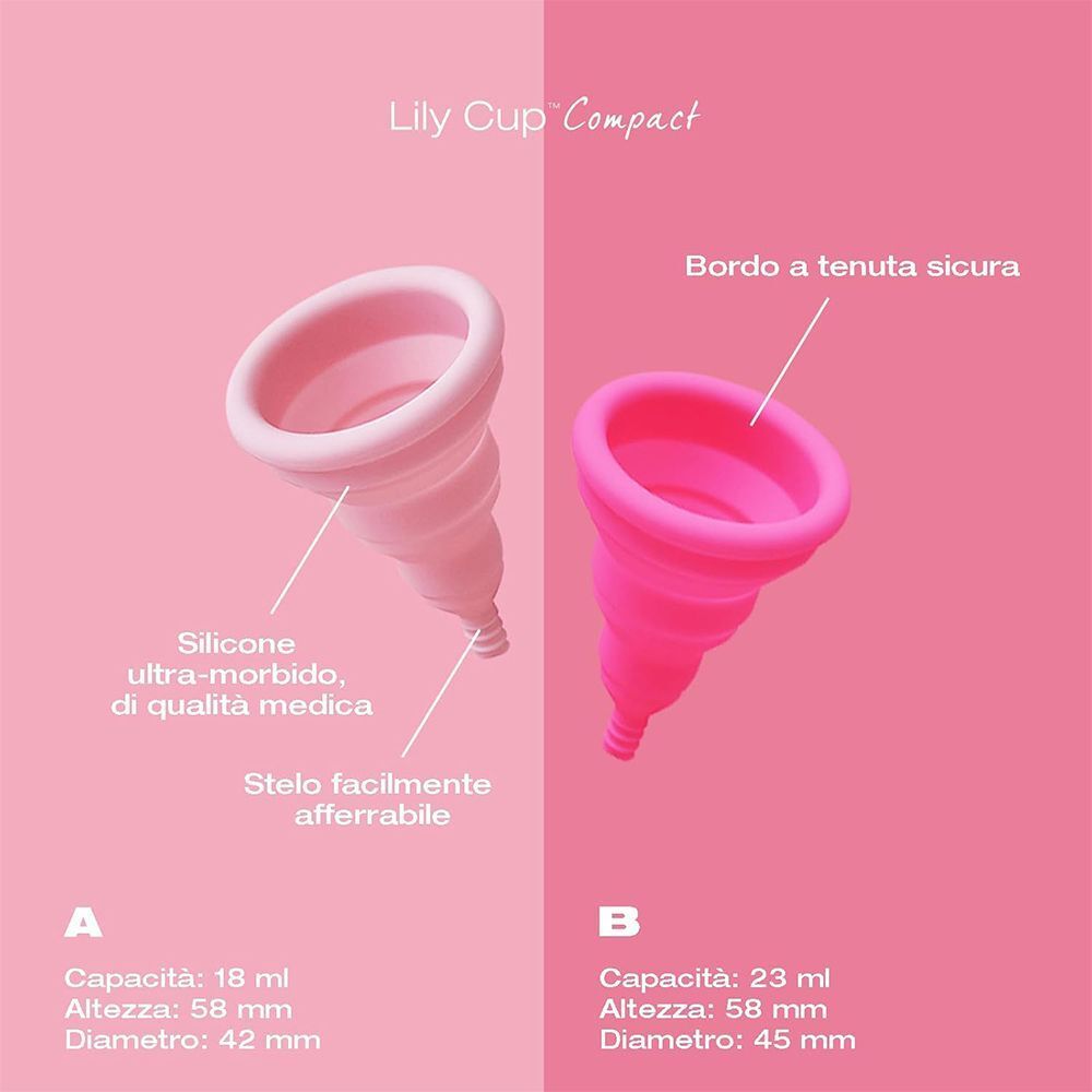 Confronto tra due coppette mestruali pieghevoli rosa, taglia A e B, con caratteristiche.