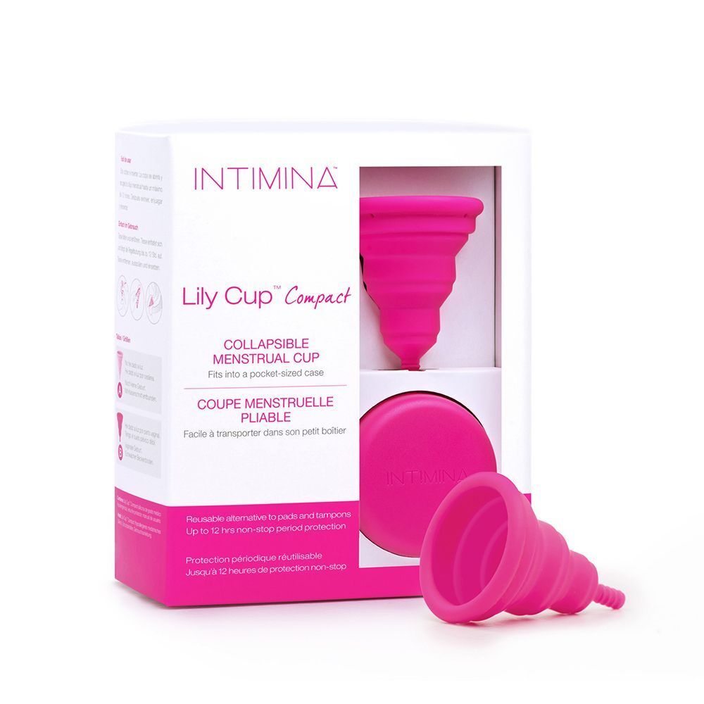 Confezione INTIMINA Lily Cup Compact con una coppetta rosa e una coppetta separata.