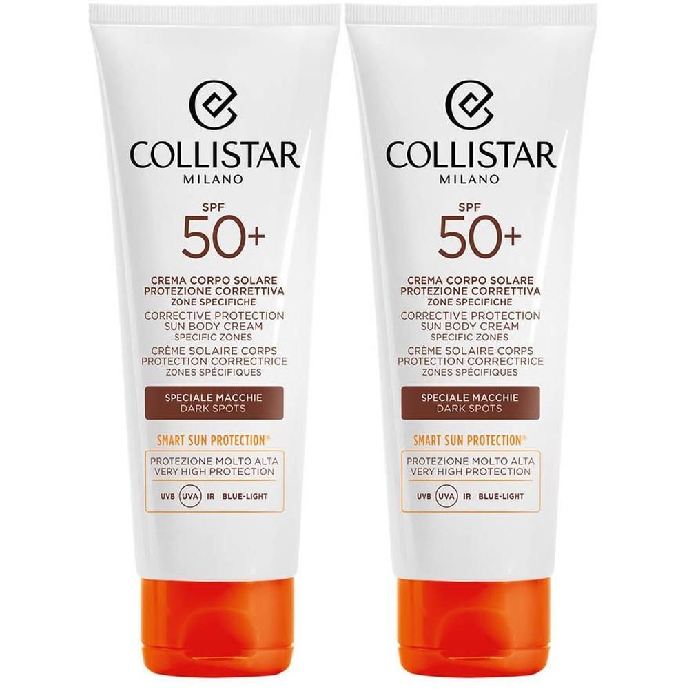 Due tubi di crema corpo solare Collistar SPF 50+ per zone specifiche, protezione macchie scure.