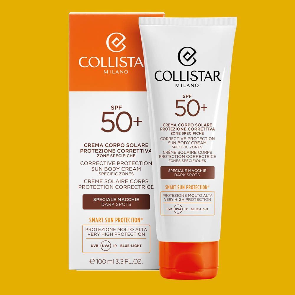 Crema solare Collistar SPF 50+ per zone del corpo con macchie scure e scatola.