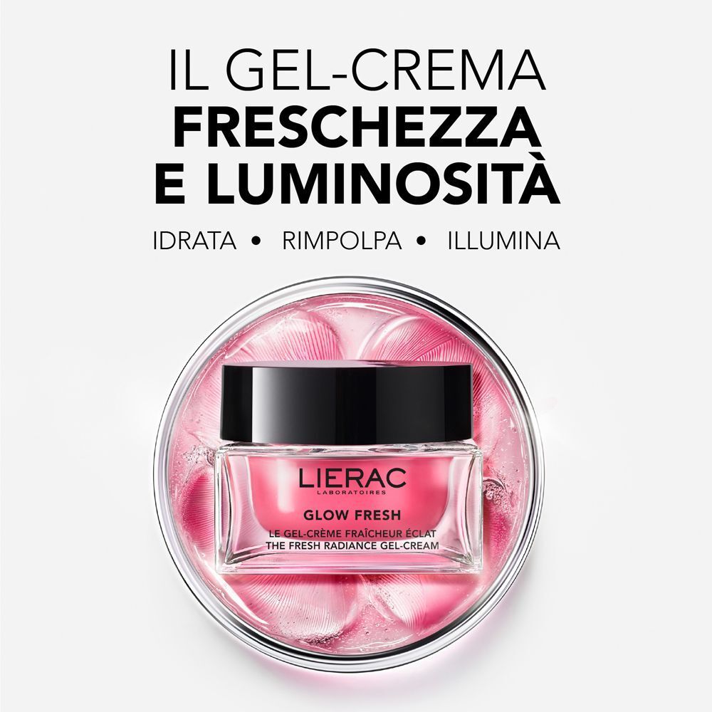 Vasetto Lierac di gel-crema rosa, circondato da petali rosa.