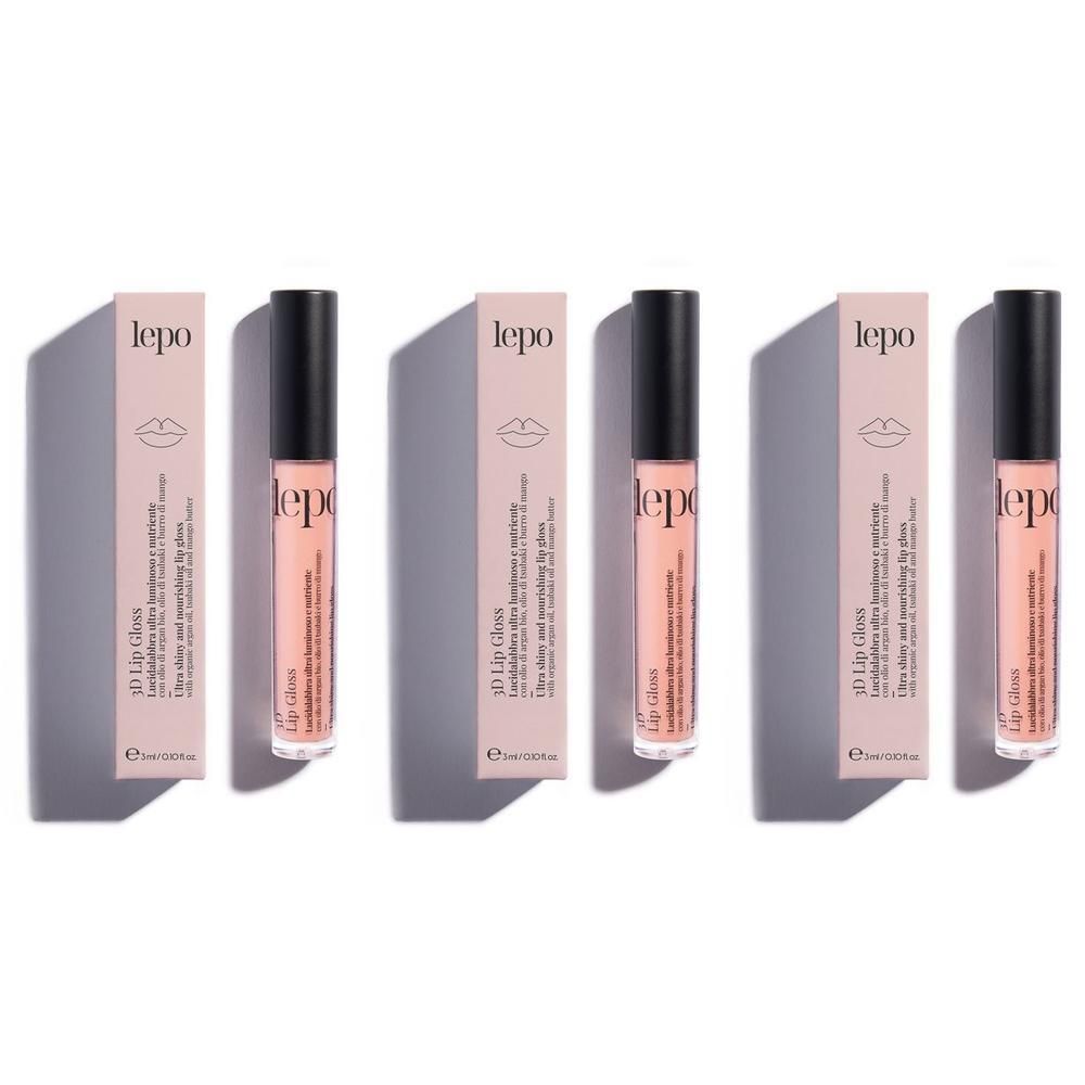 Tre flaconi di lucidalabbra Lepo 3D con confezione rosa. Formula chiara e nutriente.