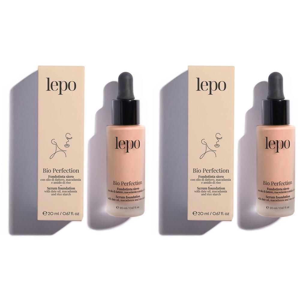 Due fondotinta siero Lepo Bio Perfection, tonalità chiara, con contagocce, ciascuno in una scatola di cartone.
