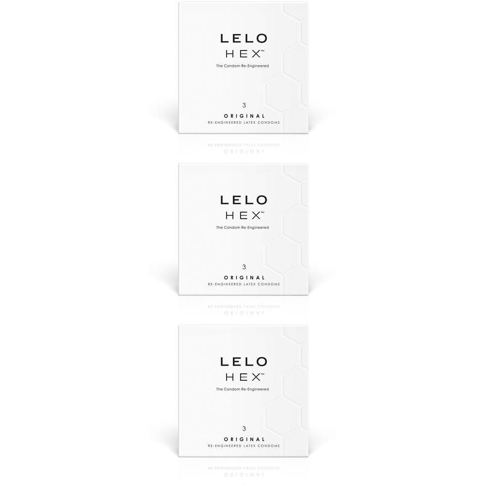 Tre confezioni di preservativi Lelo HEX Original, ciascuna da 3 pezzi.