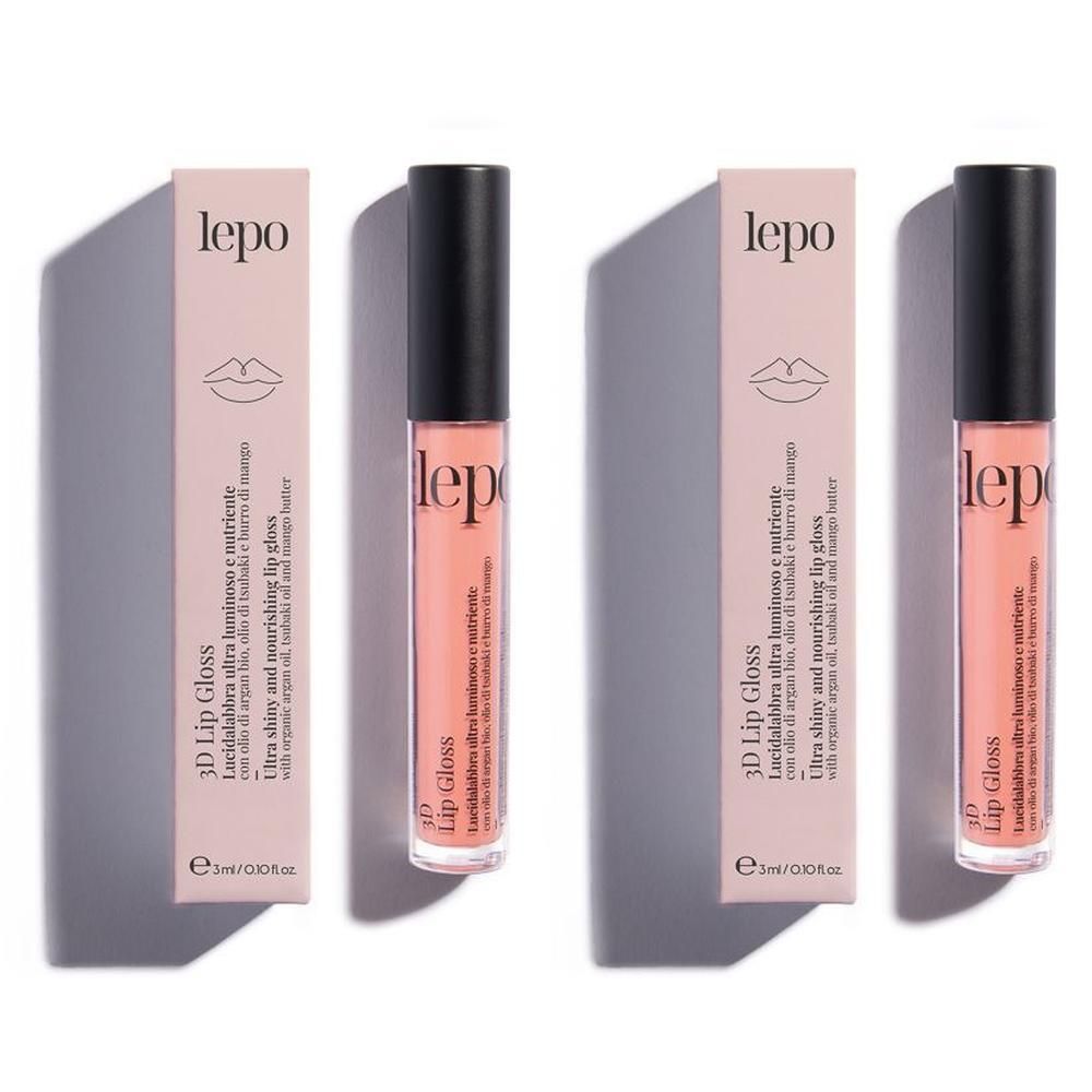Due flaconcini di Lip Gloss 3D Lepo color pesca con tappi neri e scatole abbinate. Le scatole mostrano informazioni sul prodotto e il logo Lepo.