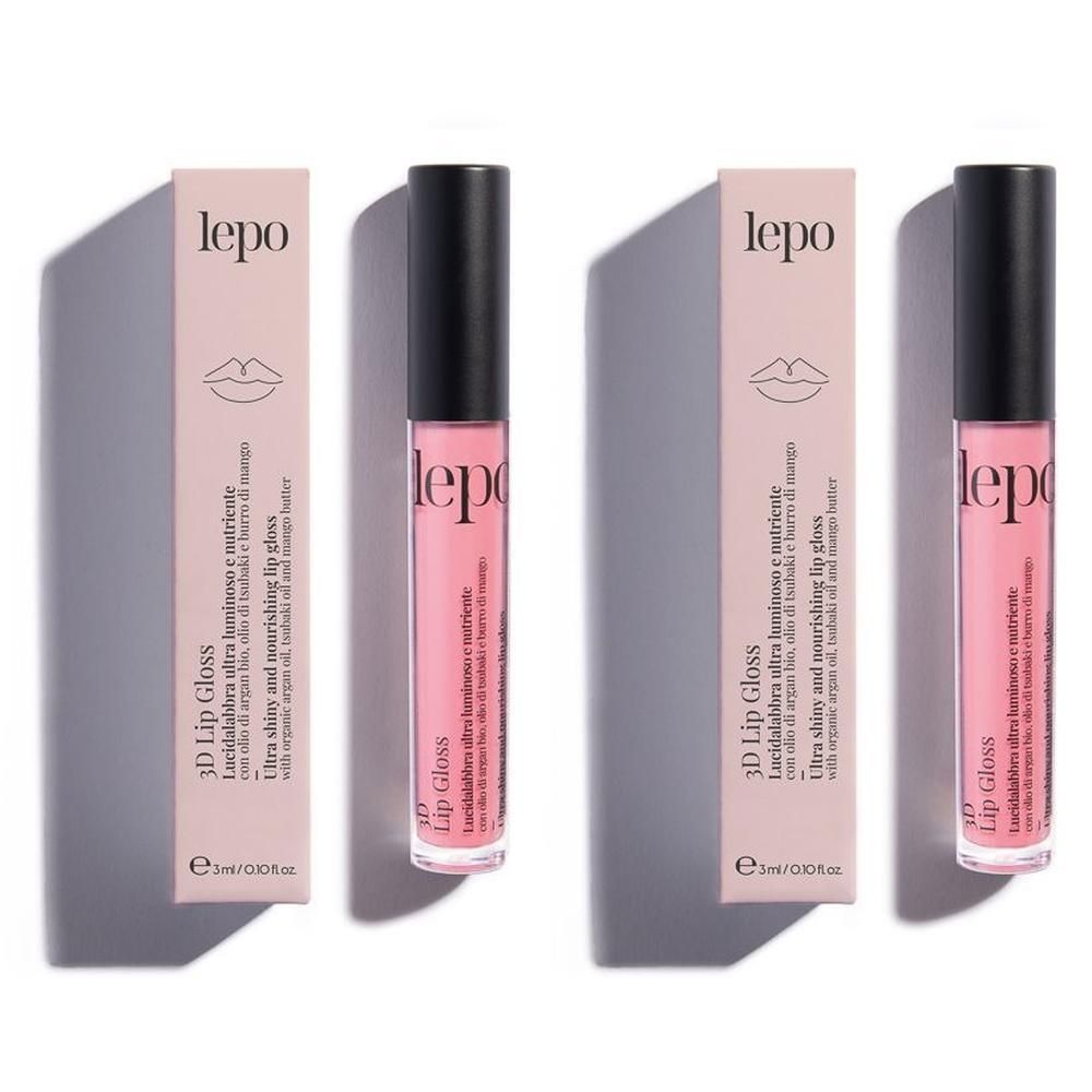 Due flaconi e scatole di Lepo 3D Lip Gloss rosa.