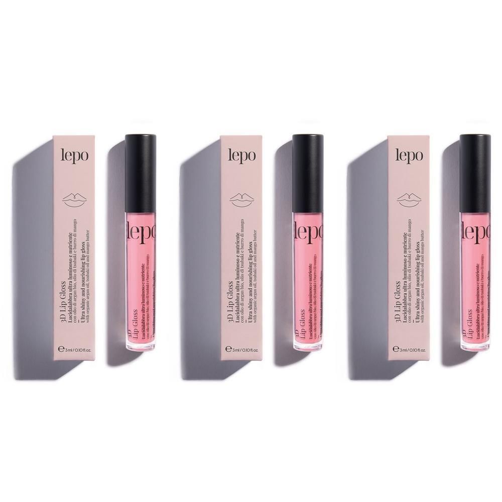 Tre flaconi di Lepo 3D Lip Gloss con confezione rosa.