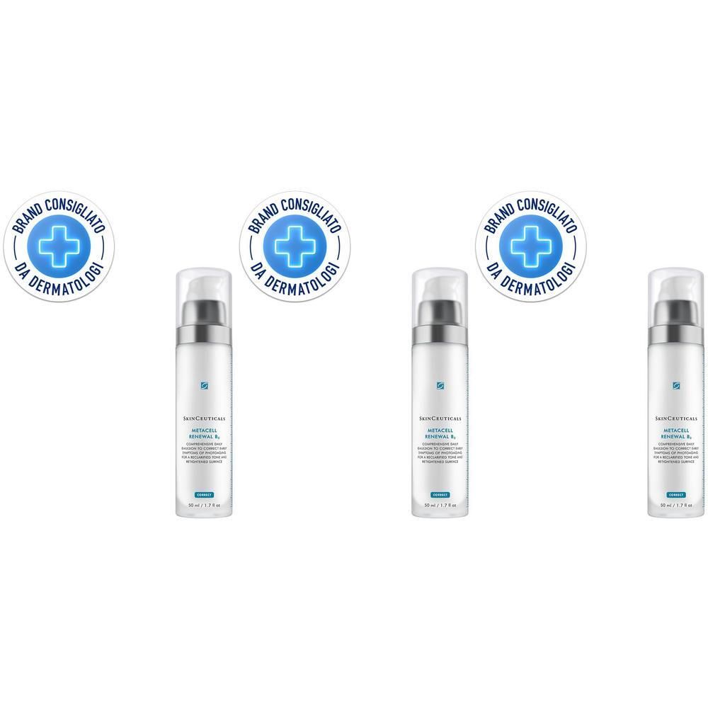 Quattro flaconi SkinCeuticals Metacell Renewal B3 con dispenser a pompa e sigilli dermatologici.